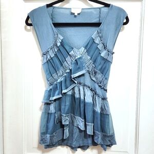 Anthropologie Teal Layered Ruffle Detail Babydoll V-Neck Cap Sleeve Knit Blouse